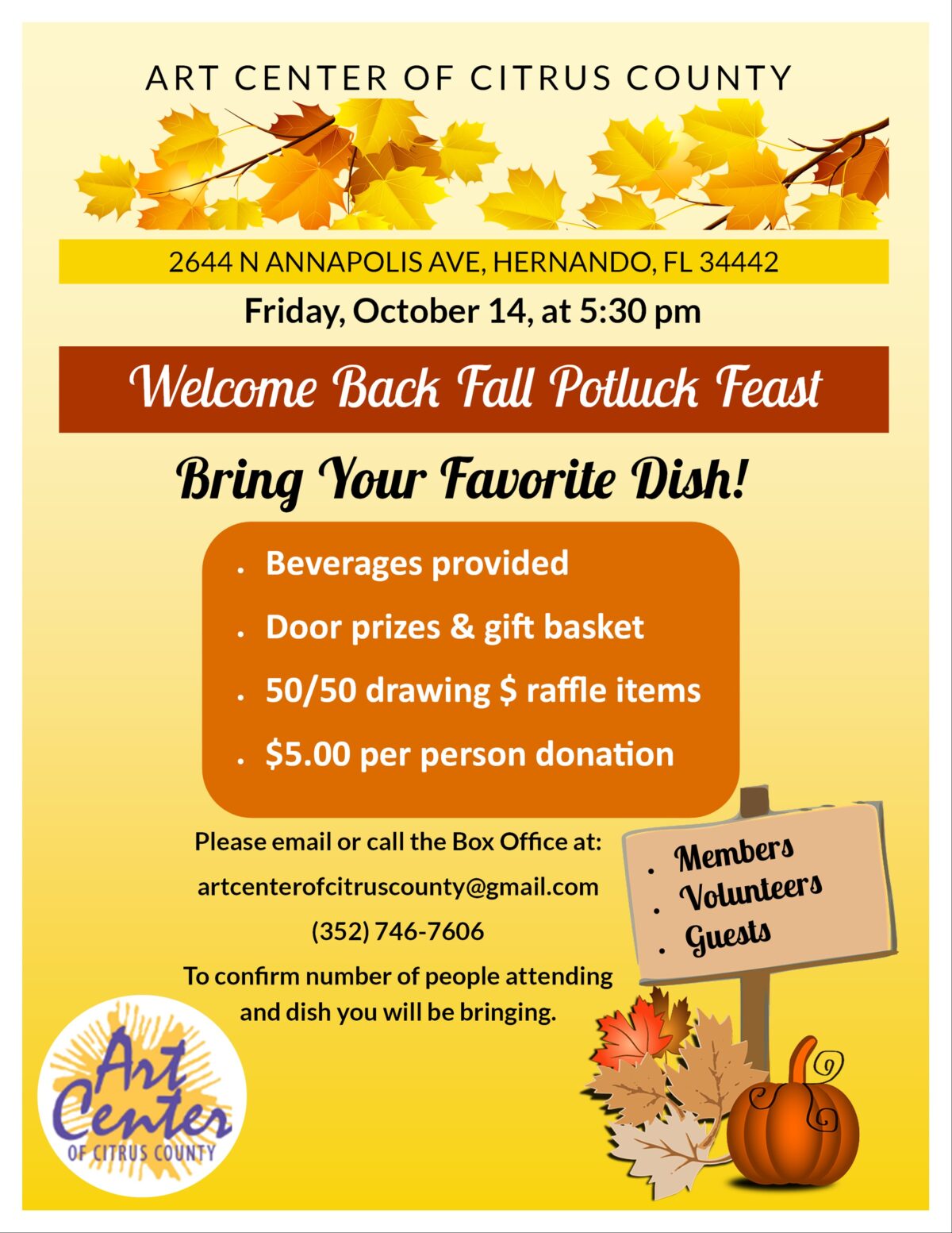 Welcome Back Fall Potluck Feast Friday, Oct. 14, 5:30 PM