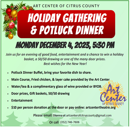Holiday Gathering and Potluck Dinner, Monday, Dec 4th at 5:30 pm
