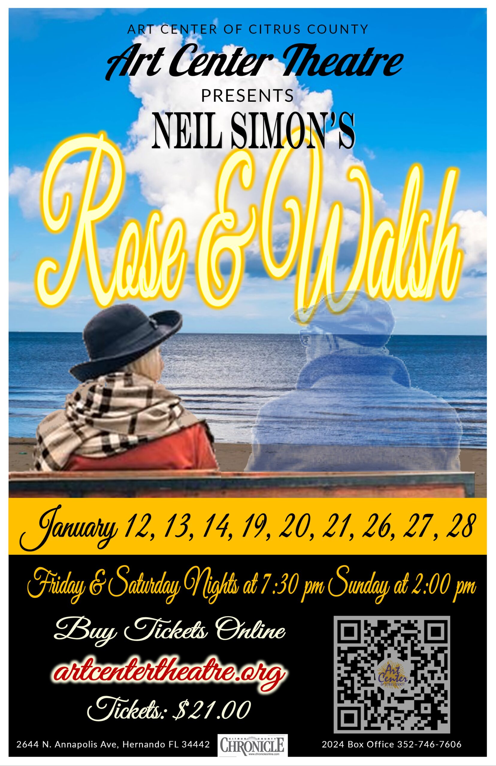 Last Weekend Jan 26-28, Art Center Theatre Presents: Neil Simon’s Rose & Walsh