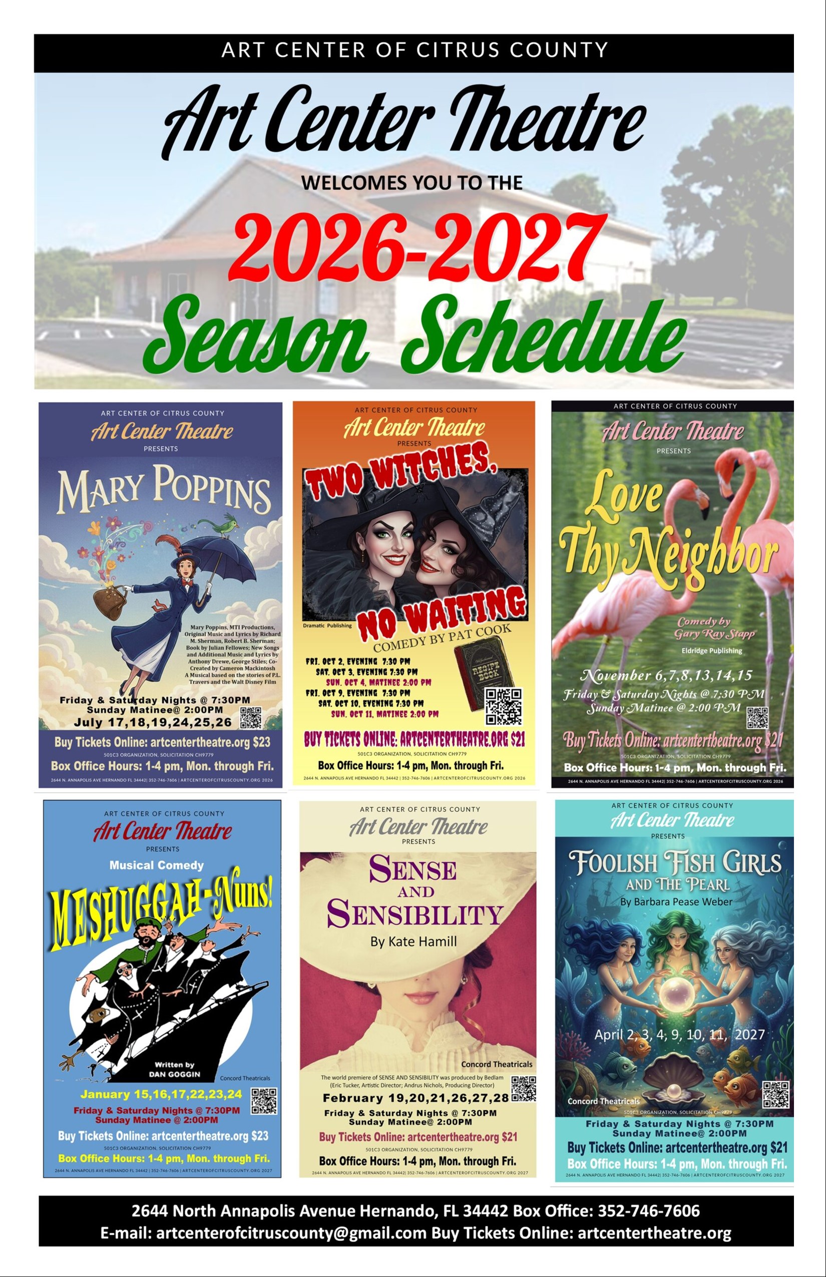 Art Center Theatre Welcomes you to the 2026-2027 Season Schedule