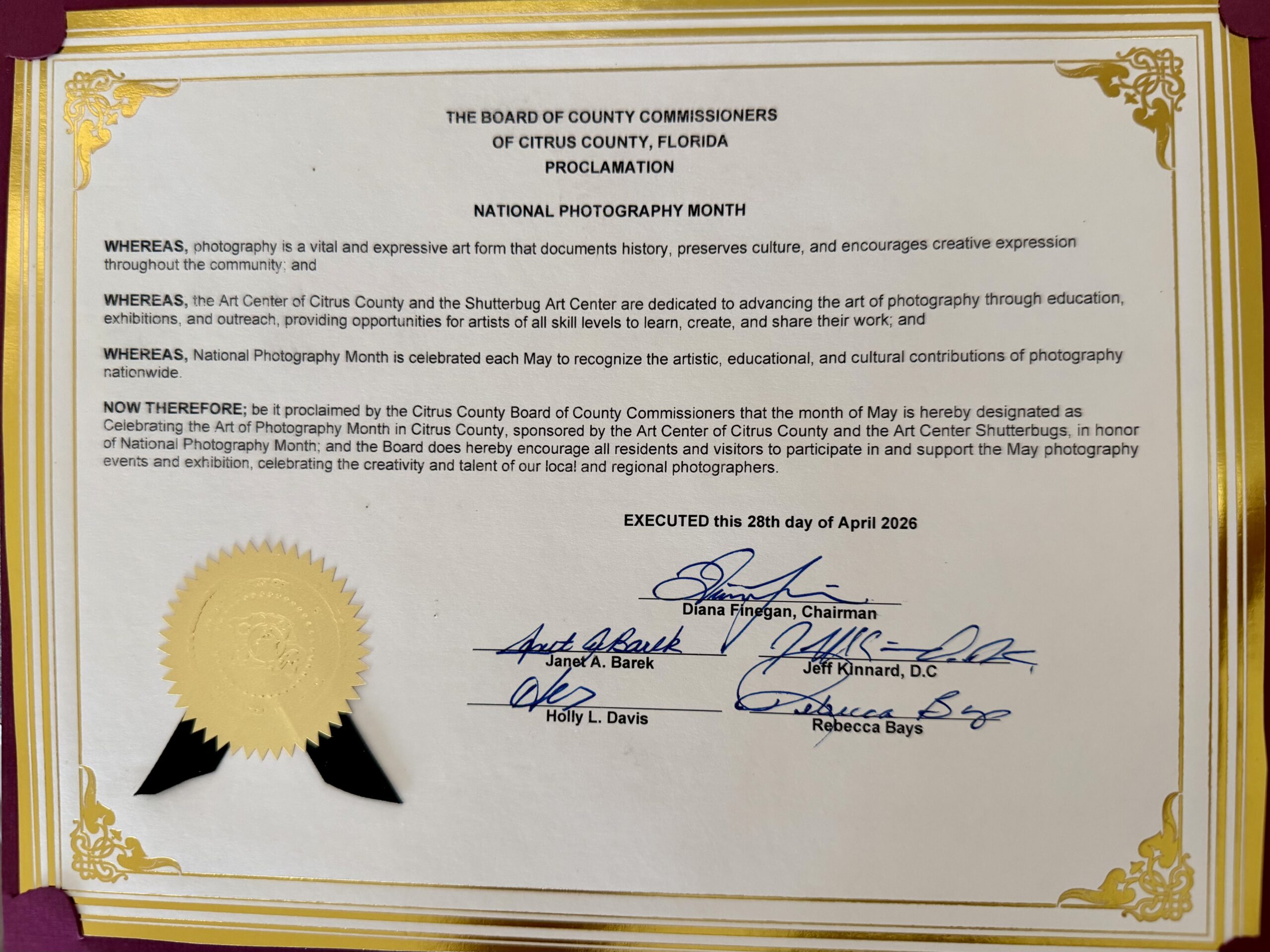 County Commissioners Proclaim May National Photography Month in Citrus County