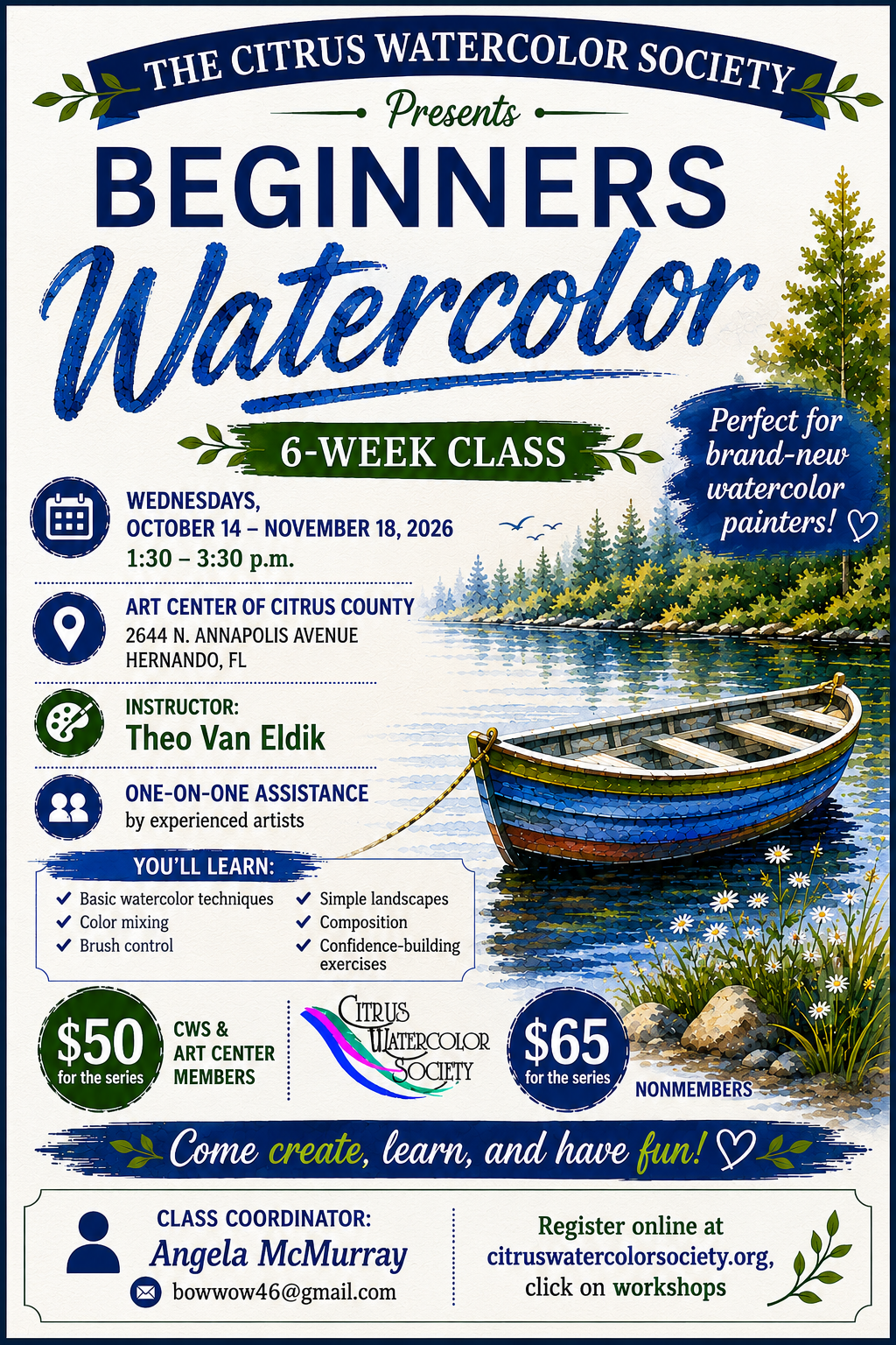 Beginners Watercolor 6 Week Class Oct. 14 – Nov. 18